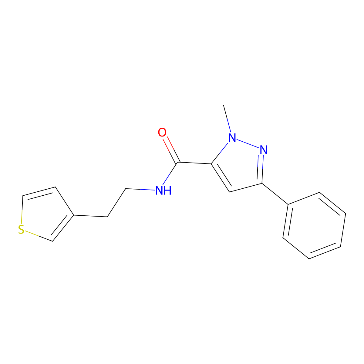 1-methyl-3-phenyl-N-(2-(thiophen-3-yl)ethyl)-1H-pyrazole-5-carboxamide molecular structure, CAS 1323693-89-5