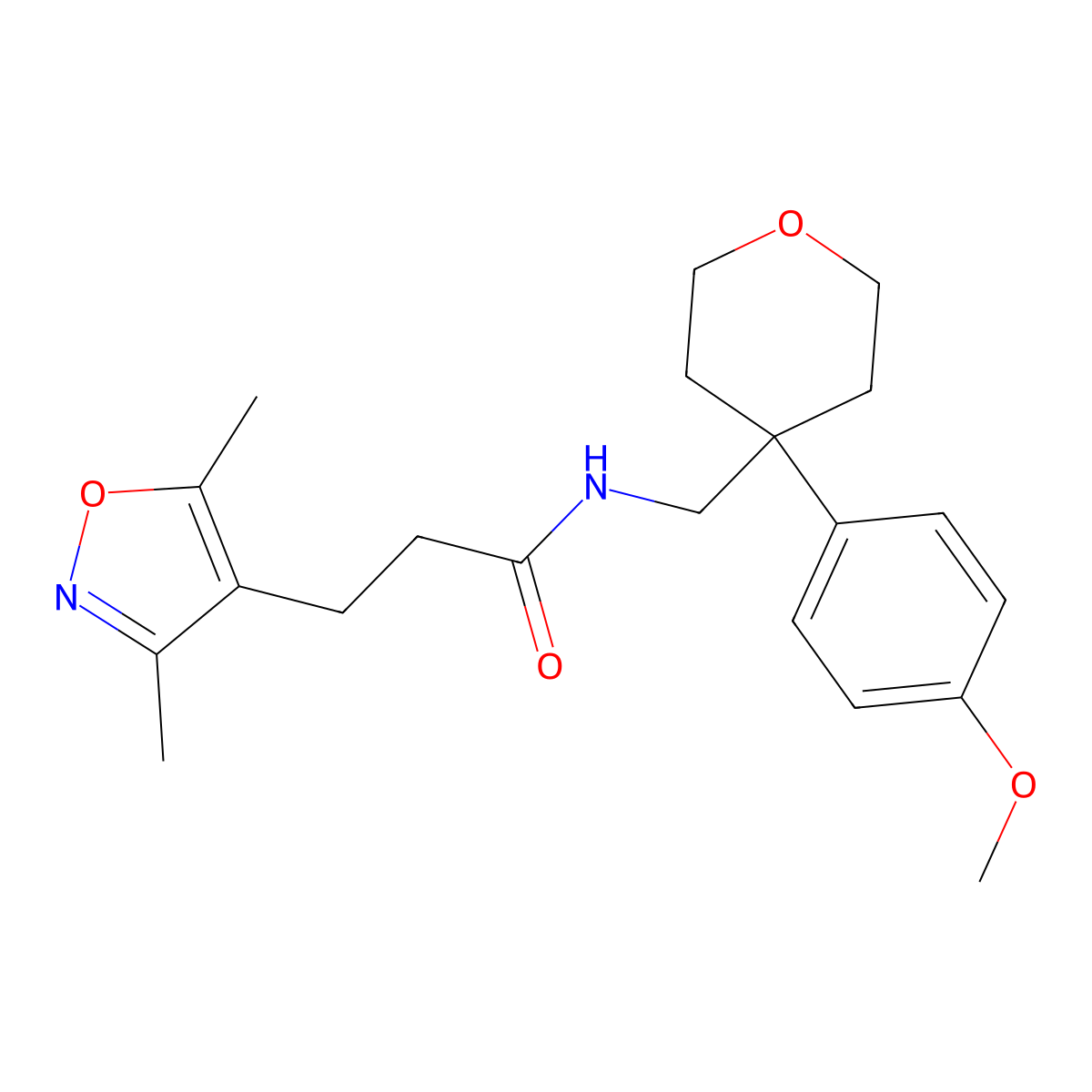 3-(3,5-dimethylisoxazol-4-yl)-N-((4-(4-methoxyphenyl)tetrahydro-2H-pyran-4-yl)methyl)propanamide molecular structure, CAS 1323694-35-4