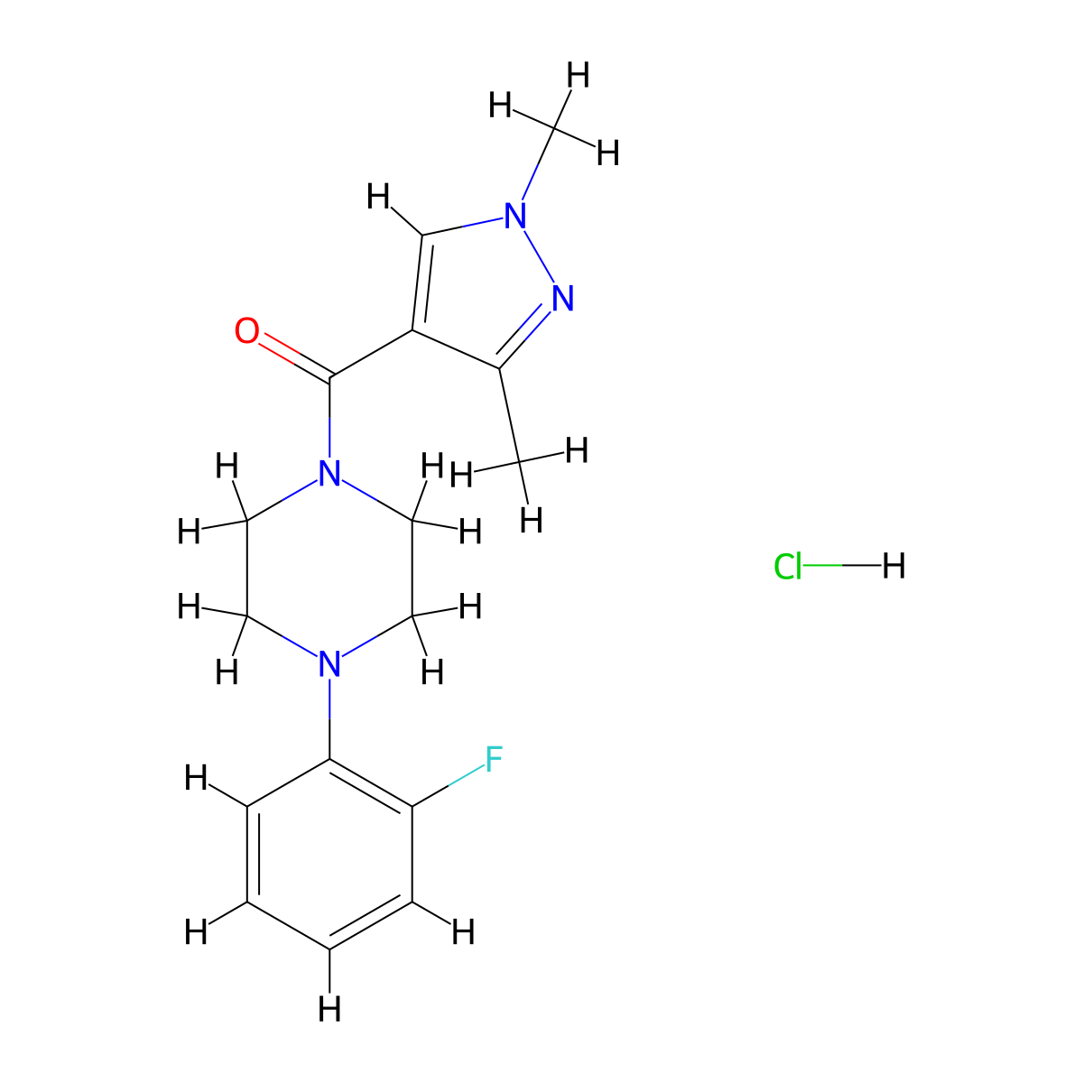 (1,3-dimethyl-1H-pyrazol-4-yl)(4-(2-fluorophenyl)piperazin-1-yl)methanone hydrochloride molecular structure, CAS 1323697-95-5