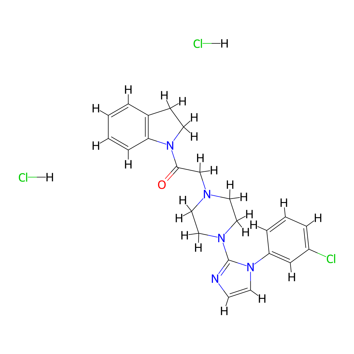 2-(4-(1-(3-chlorophenyl)-1H-imidazol-2-yl)piperazin-1-yl)-1-(indolin-1-yl)ethanone dihydrochloride molecular structure, CAS 1323703-42-9