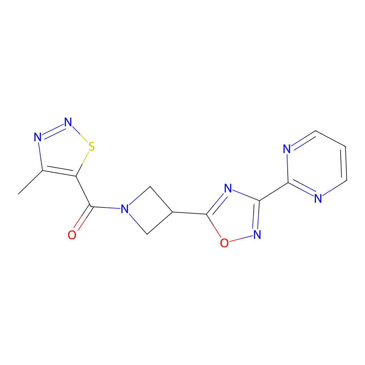 (4-Methyl-1,2,3-thiadiazol-5-yl)(3-(3-(pyrimidin-2-yl)-1,2,4-oxadiazol-5-yl)azetidin-1-yl)methanone molecular structure, CAS 1323706-36-0
