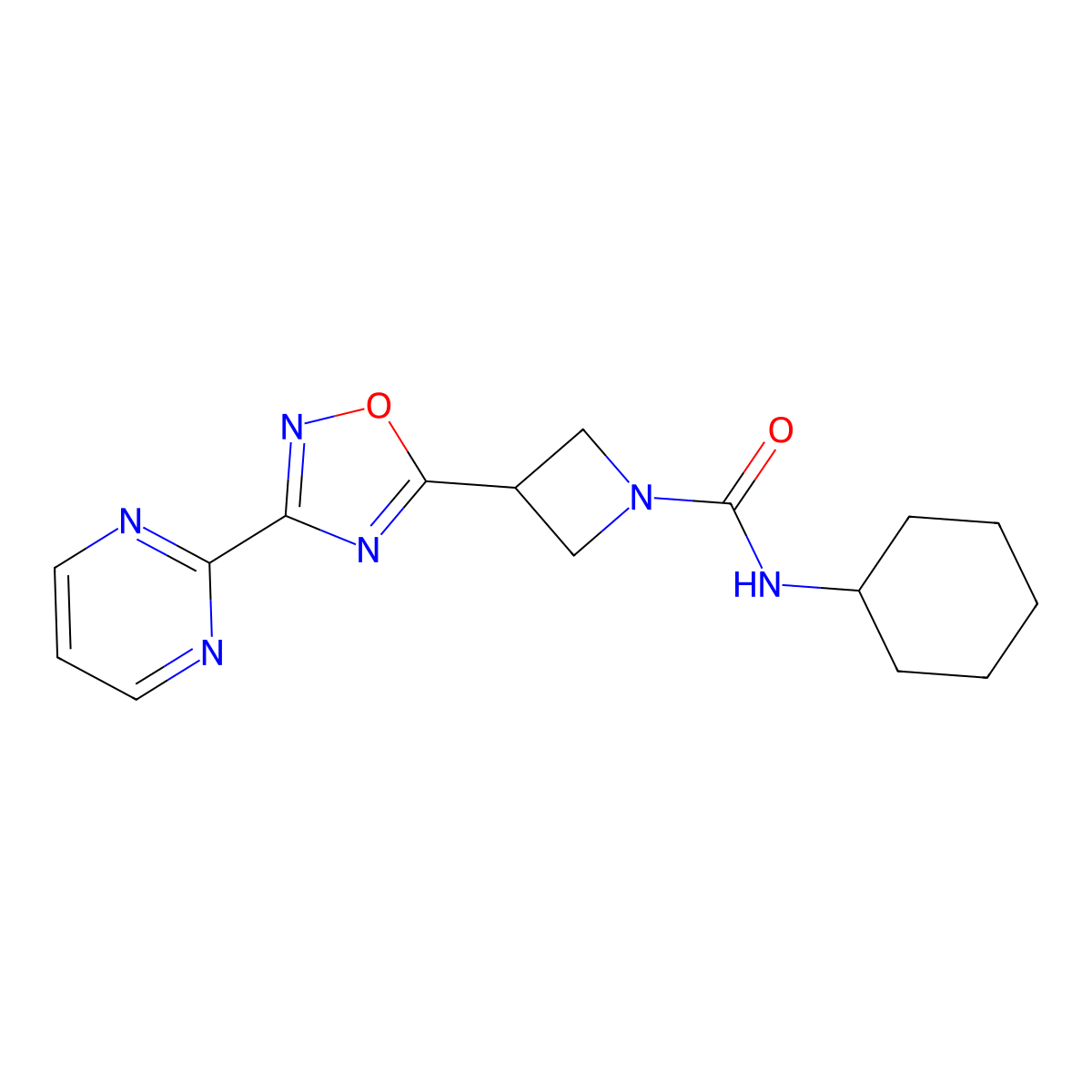 N-cyclohexyl-3-[3-(pyrimidin-2-yl)-1,2,4-oxadiazol-5-yl]azetidine-1-carboxamide molecular structure, CAS 1323706-47-3