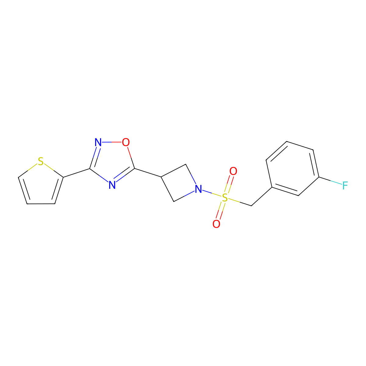 5-(1-((3-Fluorobenzyl)sulfonyl)azetidin-3-yl)-3-(thiophen-2-yl)-1,2,4-oxadiazole molecular structure, CAS 1323706-64-4