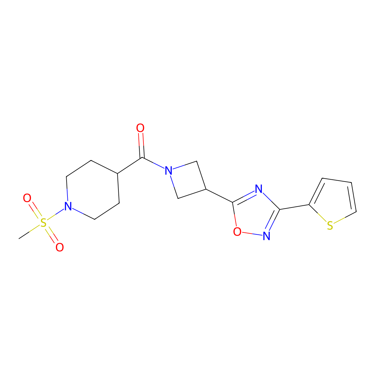 (1-(Methylsulfonyl)piperidin-4-yl)(3-(3-(thiophen-2-yl)-1,2,4-oxadiazol-5-yl)azetidin-1-yl)methanone molecular structure, CAS 1323706-94-0
