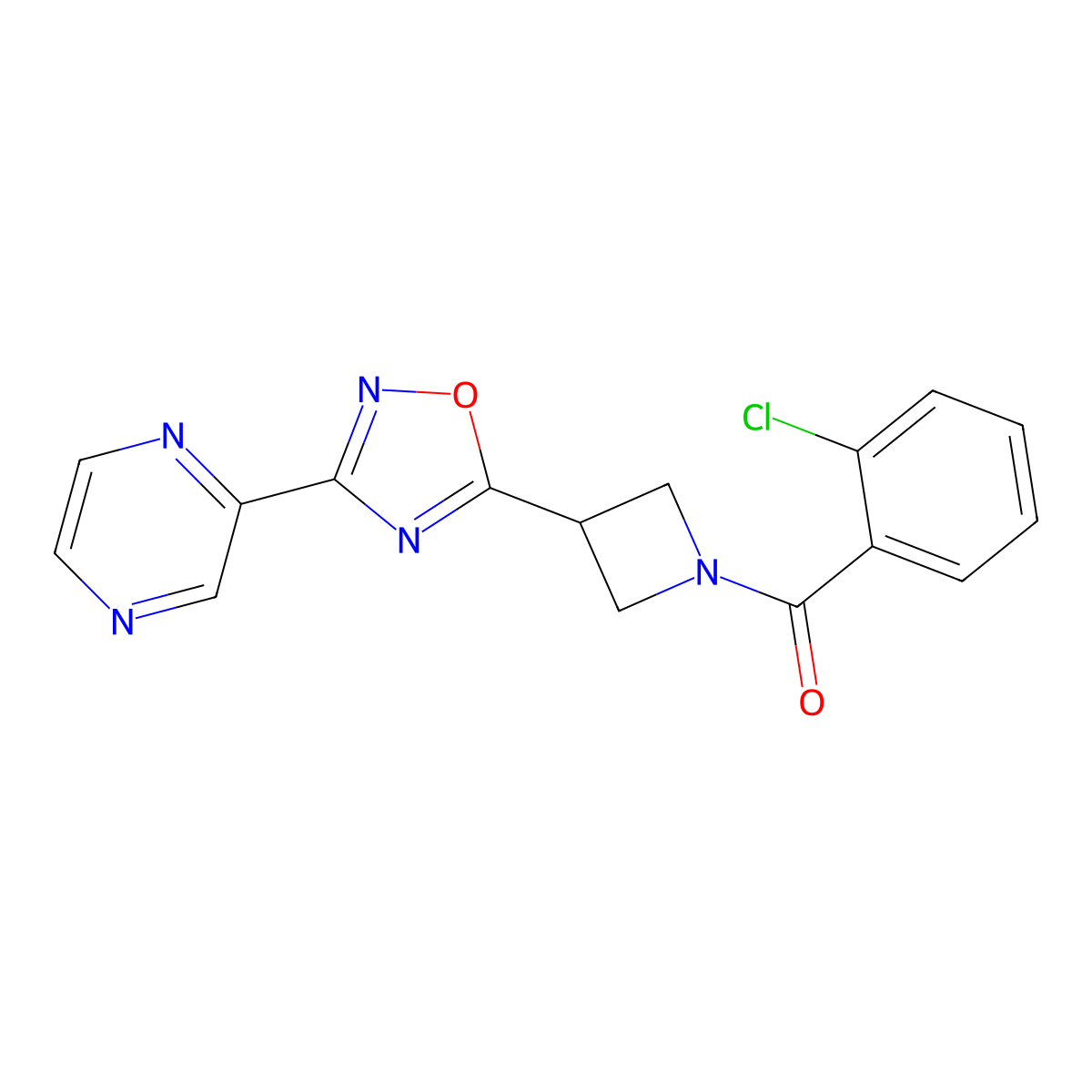 (2-Chlorophenyl)(3-(3-(pyrazin-2-yl)-1,2,4-oxadiazol-5-yl)azetidin-1-yl)methanone molecular structure, CAS 1323707-27-2