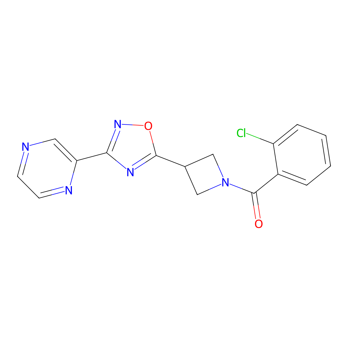 (2-Chlorophenyl)(3-(3-(pyrazin-2-yl)-1,2,4-oxadiazol-5-yl)azetidin-1-yl)methanone molecular structure, CAS 1323707-27-2