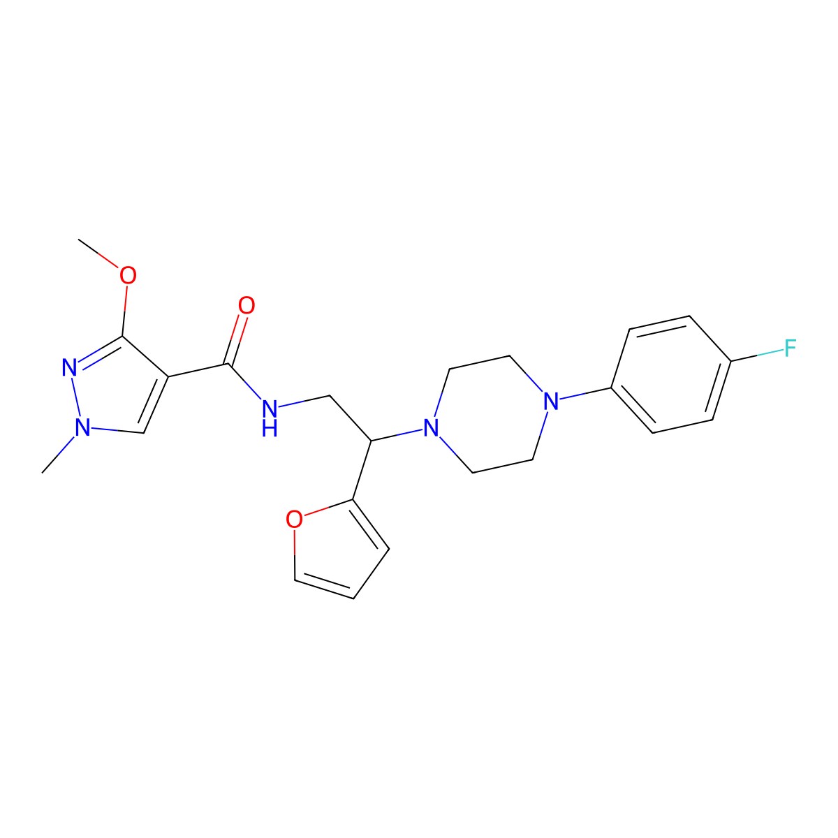 N-(2-(4-(4-fluorophenyl)piperazin-1-yl)-2-(furan-2-yl)ethyl)-3-methoxy-1-methyl-1H-pyrazole-4-carboxamide molecular structure, CAS 1323707-47-6