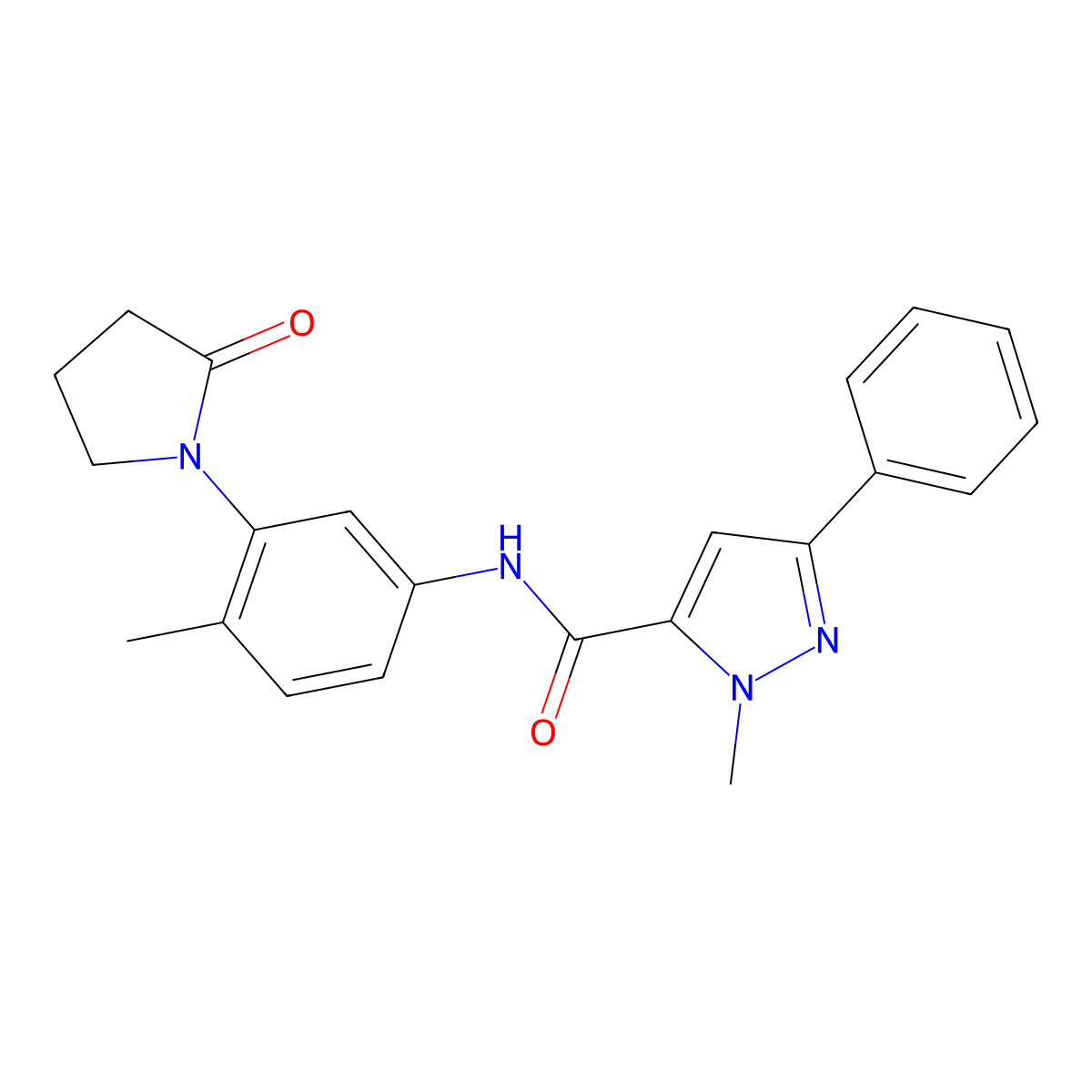 1-methyl-N-[4-methyl-3-(2-oxopyrrolidin-1-yl)phenyl]-3-phenyl-1H-pyrazole-5-carboxamide molecular structure, CAS 1323713-99-0