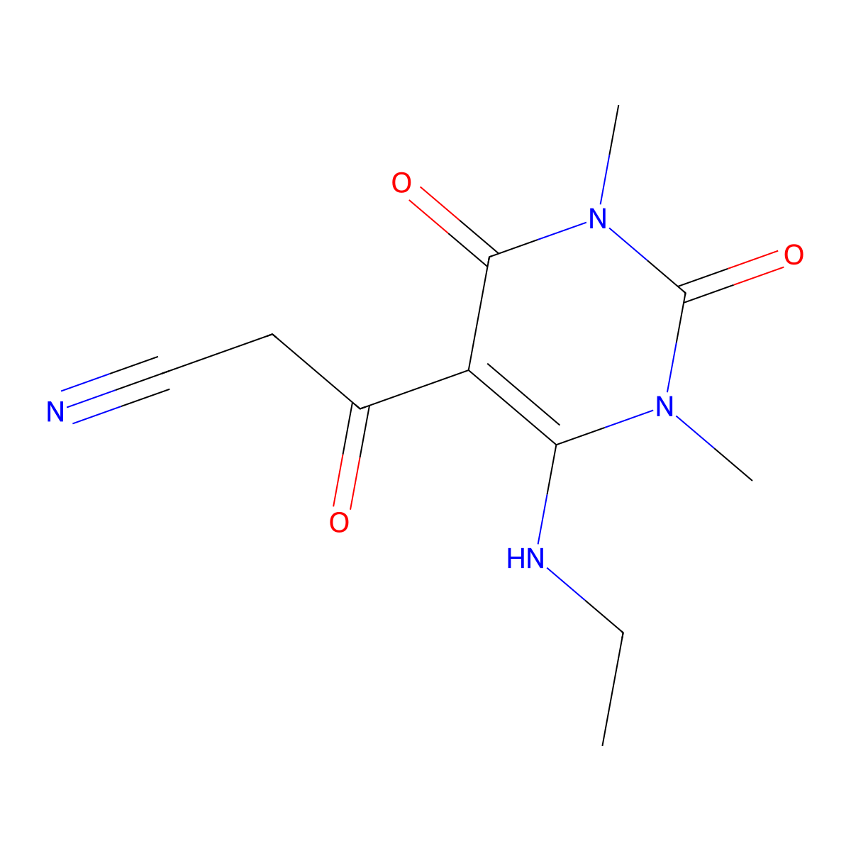 3-[6-(Ethylamino)-1,3-dimethyl-2,4-dioxo-1,2,3,4-tetrahydropyrimidin-5-yl]-3-oxopropanenitrile molecular structure, CAS 132373-28-5