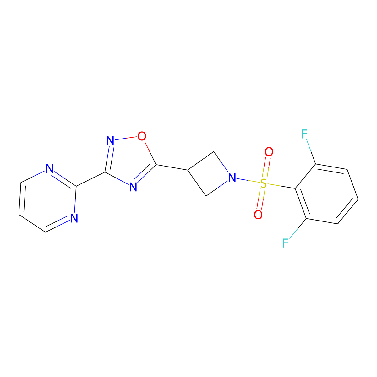 5-(1-((2,6-Difluorophenyl)sulfonyl)azetidin-3-yl)-3-(pyrimidin-2-yl)-1,2,4-oxadiazole molecular structure, CAS 1323775-38-7
