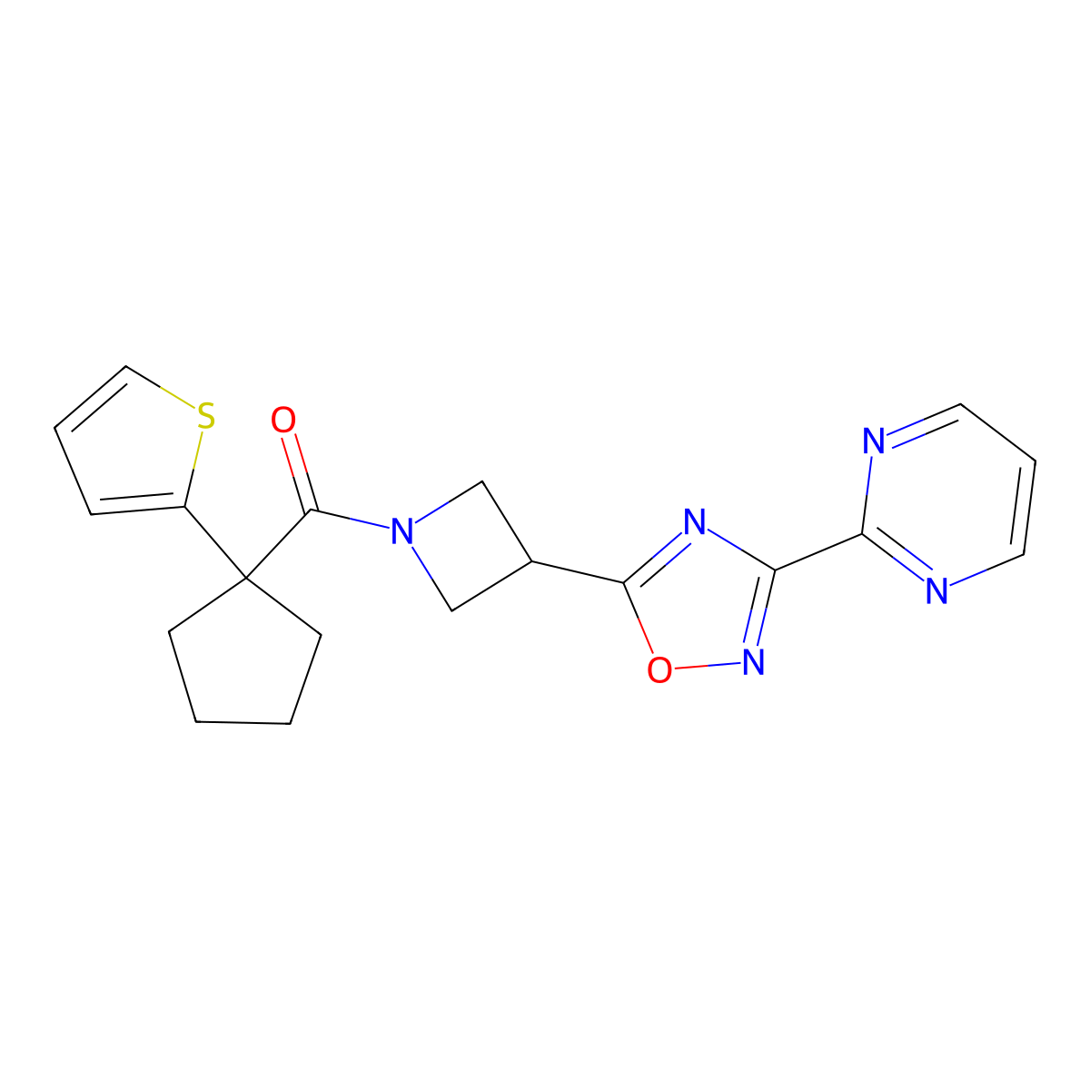 (3-(3-(Pyrimidin-2-yl)-1,2,4-oxadiazol-5-yl)azetidin-1-yl)(1-(thiophen-2-yl)cyclopentyl)methanone molecular structure, CAS 1323775-42-3