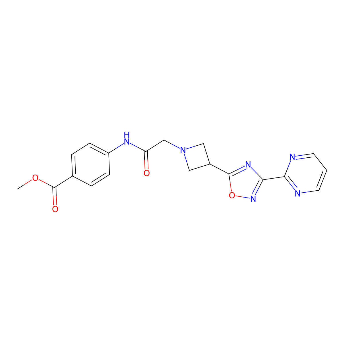Methyl 4-(2-{3-[3-(pyrimidin-2-yl)-1,2,4-oxadiazol-5-yl]azetidin-1-yl}acetamido)benzoate molecular structure, CAS 1323775-72-9