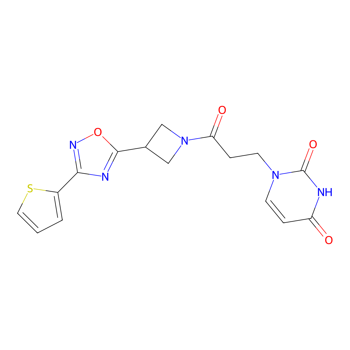 1-(3-Oxo-3-{3-[3-(thiophen-2-yl)-1,2,4-oxadiazol-5-yl]azetidin-1-yl}propyl)-1,2,3,4-tetrahydropyrimidine-2,4-dione molecular structure, CAS 1323776-35-7