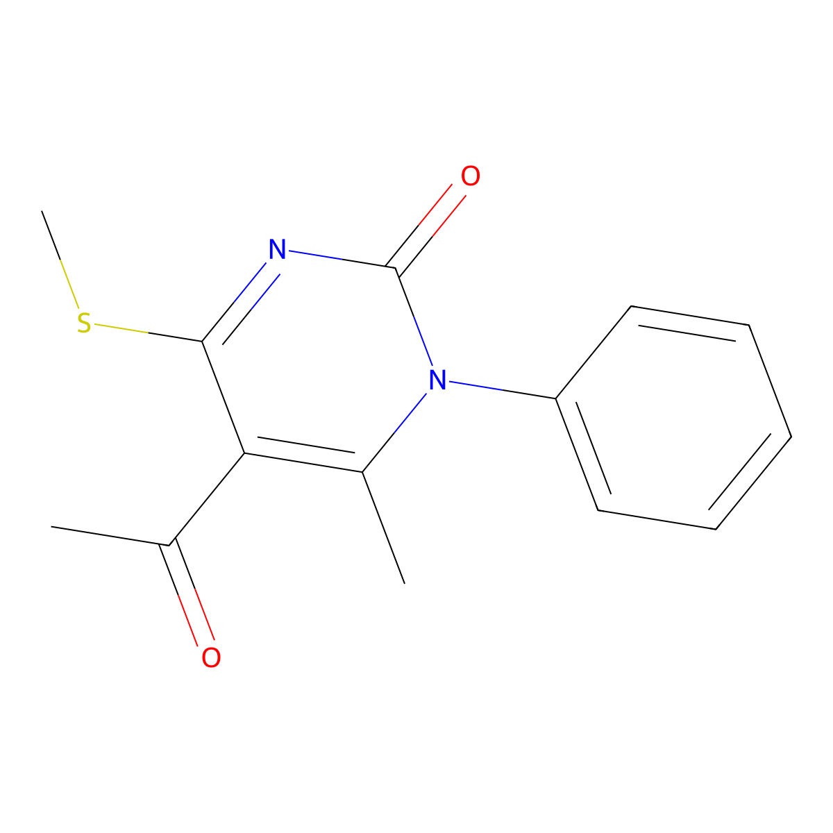 2(1H)-Pyrimidinone, 5-acetyl-6-methyl-4-(methylthio)-1-phenyl- molecular structure, CAS 132380-32-6