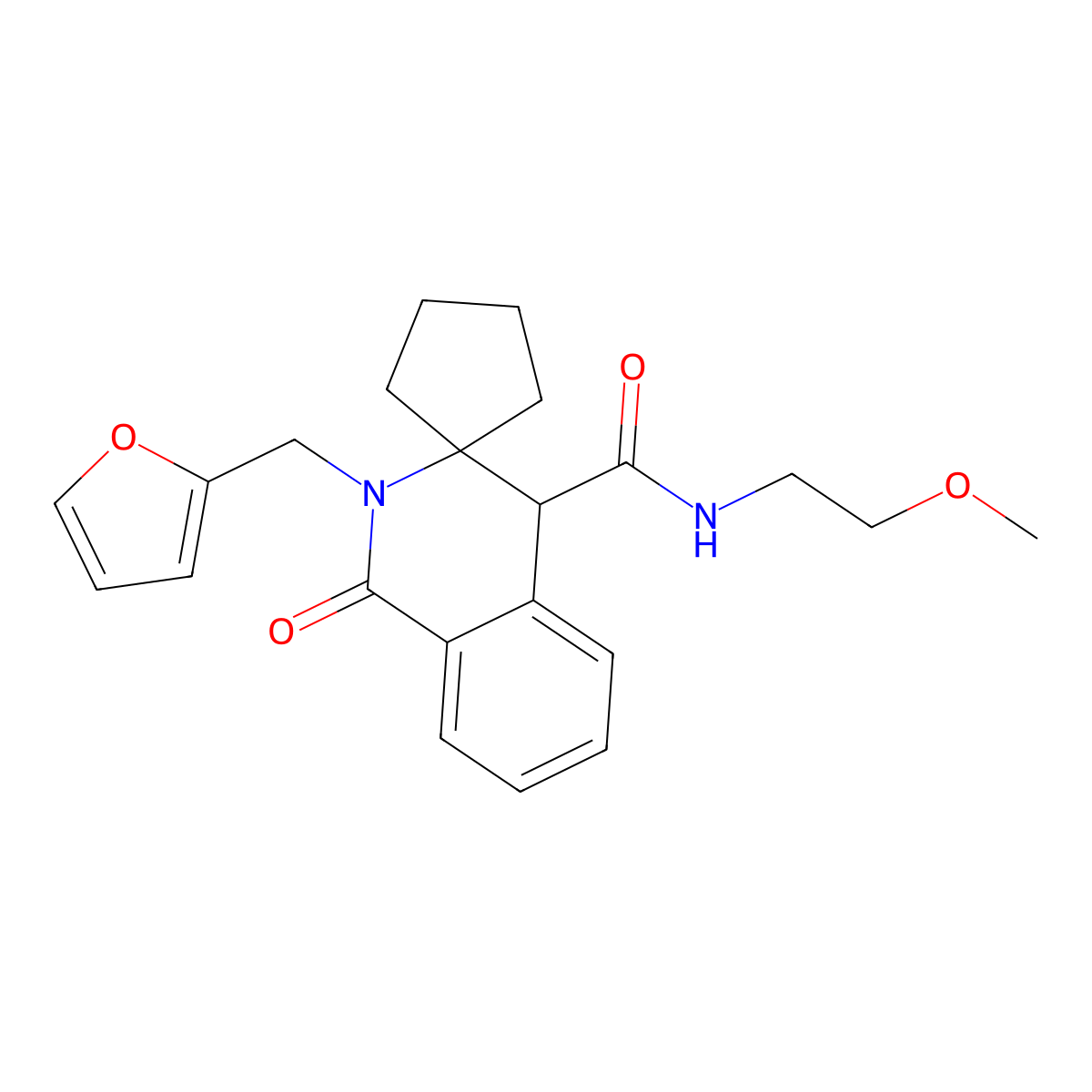 2'-(2-furylmethyl)-{N}-(2-methoxyethyl)-1'-oxo-1',4'-dihydro-2'{H}-spiro[cyclopentane-1,3'-isoquinoline]-4'-carboxamide molecular structure, CAS 1323954-71-7