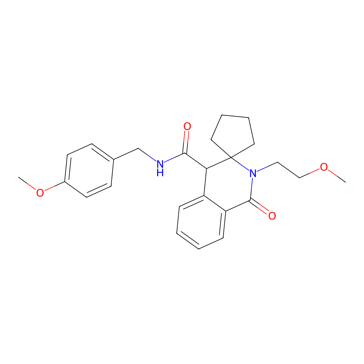 N-(4-methoxybenzyl)-2'-(2-methoxyethyl)-1'-oxo-1',4'-dihydro-2'H-spiro[cyclopentane-1,3'-isoquinoline]-4'-carboxamide molecular structure, CAS 1323954-76-2
