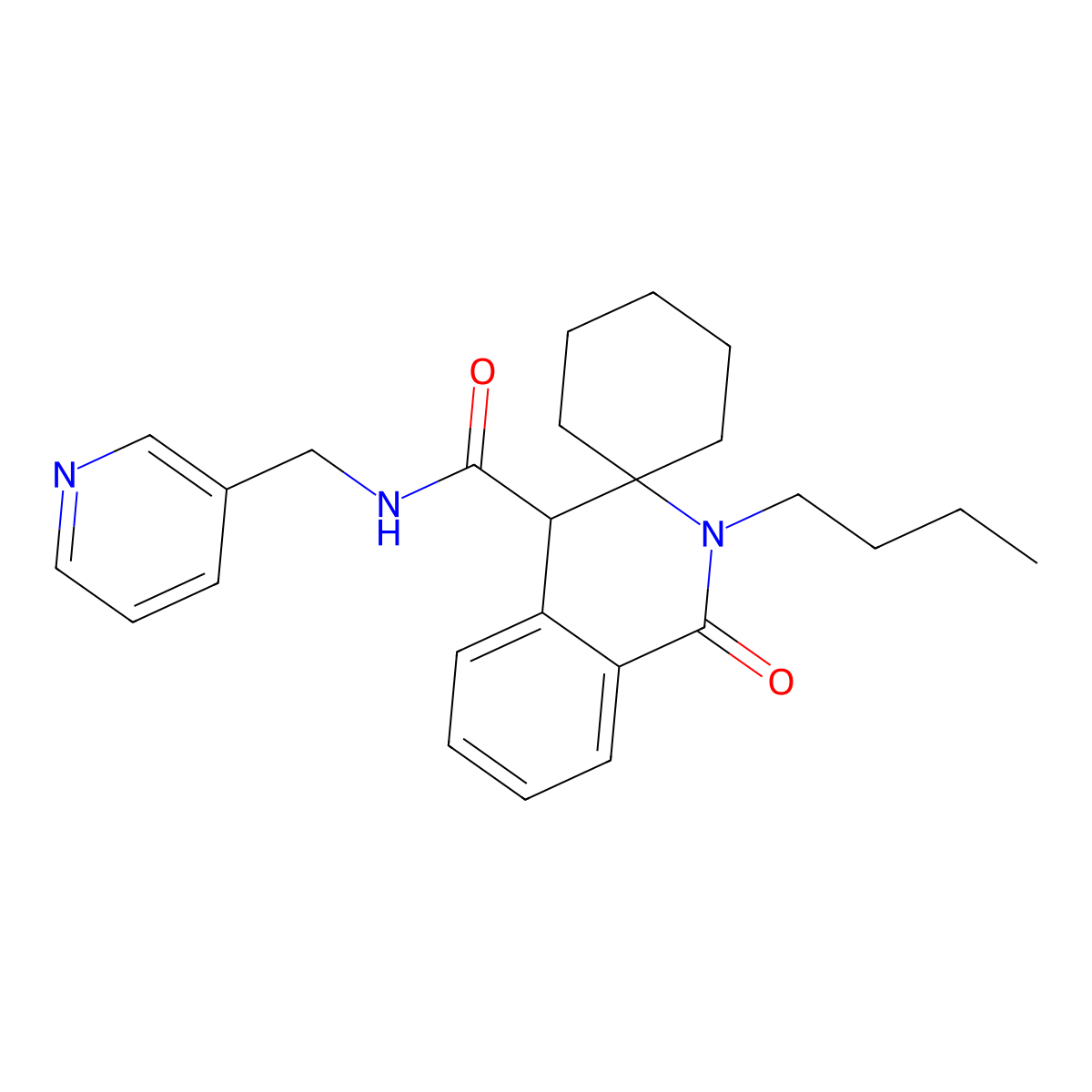 2'-butyl-1'-oxo-N-(pyridin-3-ylmethyl)-1',4'-dihydro-2'H-spiro[cyclohexane-1,3'-isoquinoline]-4'-carboxamide molecular structure, CAS 1323954-89-7