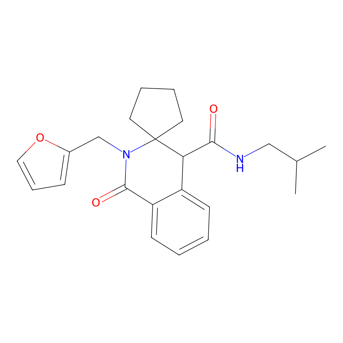 2'-(2-furylmethyl)-{N}-isobutyl-1'-oxo-1',4'-dihydro-2'{H}-spiro[cyclopentane-1,3'-isoquinoline]-4'-carboxamide molecular structure, CAS 1323955-07-2
