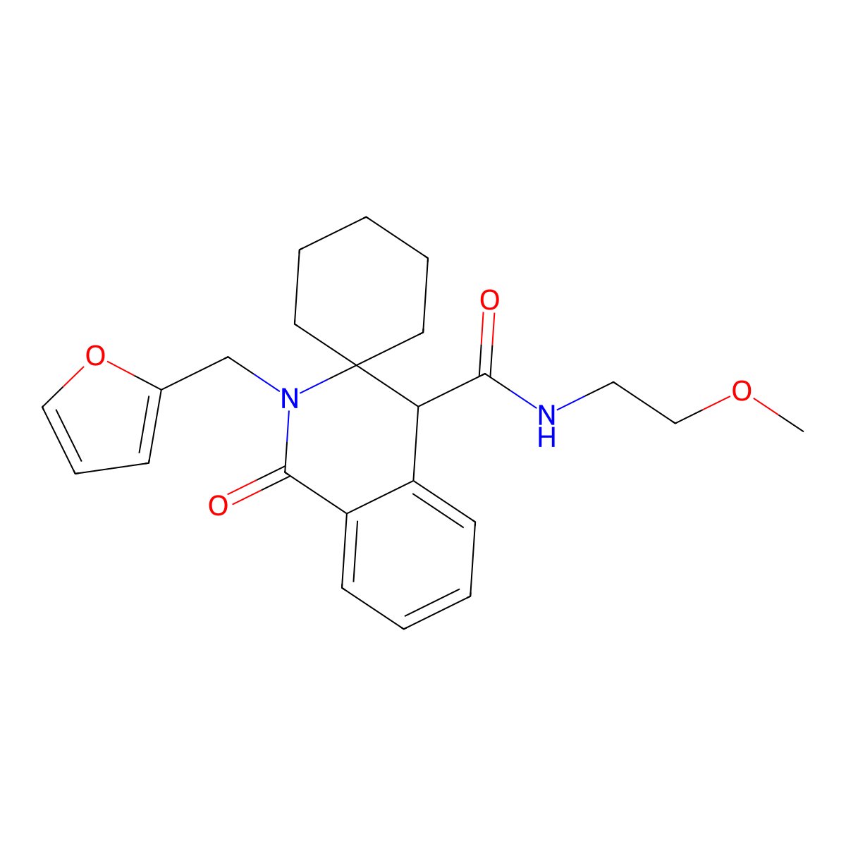2'-(furan-2-ylmethyl)-N-(2-methoxyethyl)-1'-oxo-1',4'-dihydro-2'H-spiro[cyclohexane-1,3'-isoquinoline]-4'-carboxamide molecular structure, CAS 1323955-21-0