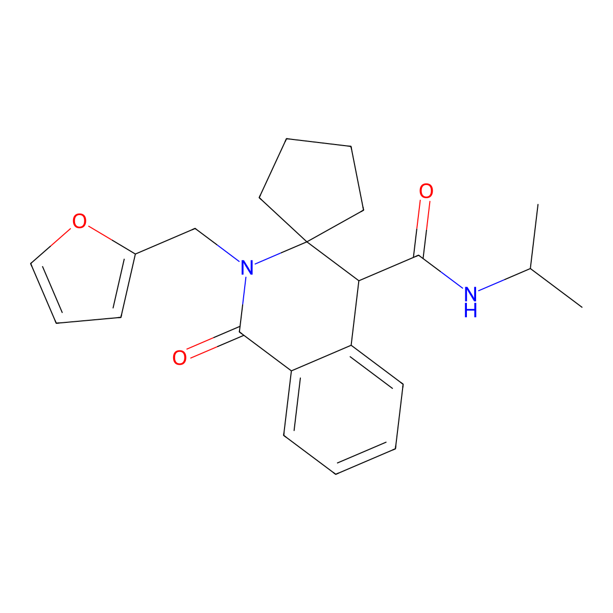 2'-(2-furylmethyl)-{N}-isopropyl-1'-oxo-1',4'-dihydro-2'{H}-spiro[cyclopentane-1,3'-isoquinoline]-4'-carboxamide molecular structure, CAS 1323955-51-6