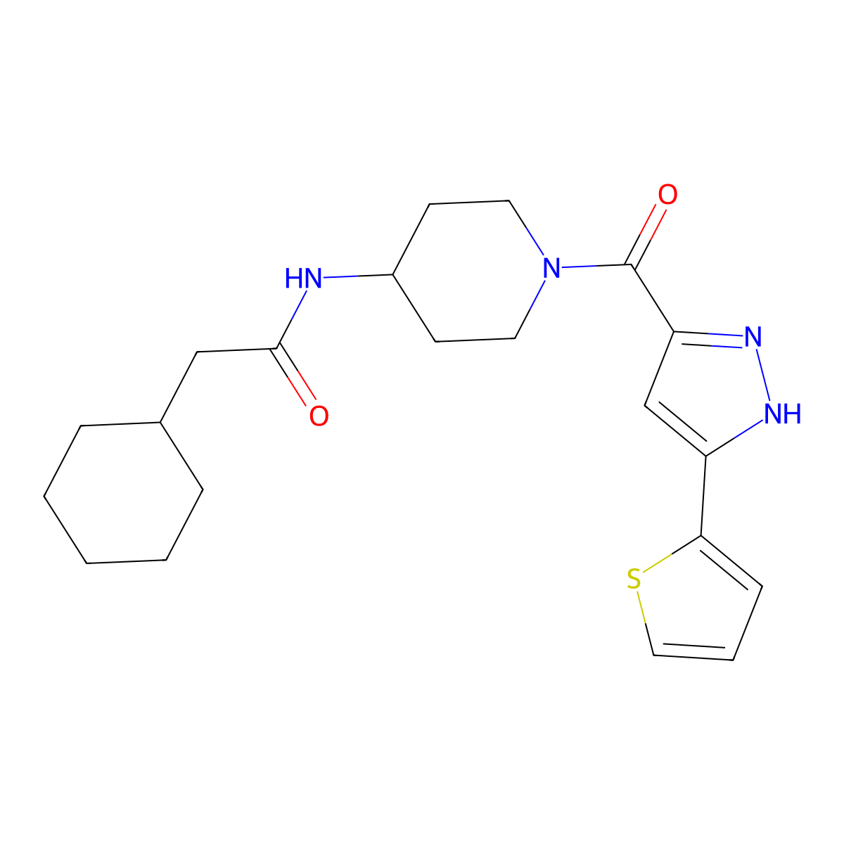 2-cyclohexyl-N-(1-(3-(thiophen-2-yl)-1H-pyrazole-5-carbonyl)piperidin-4-yl)acetamide molecular structure, CAS 1324011-72-4