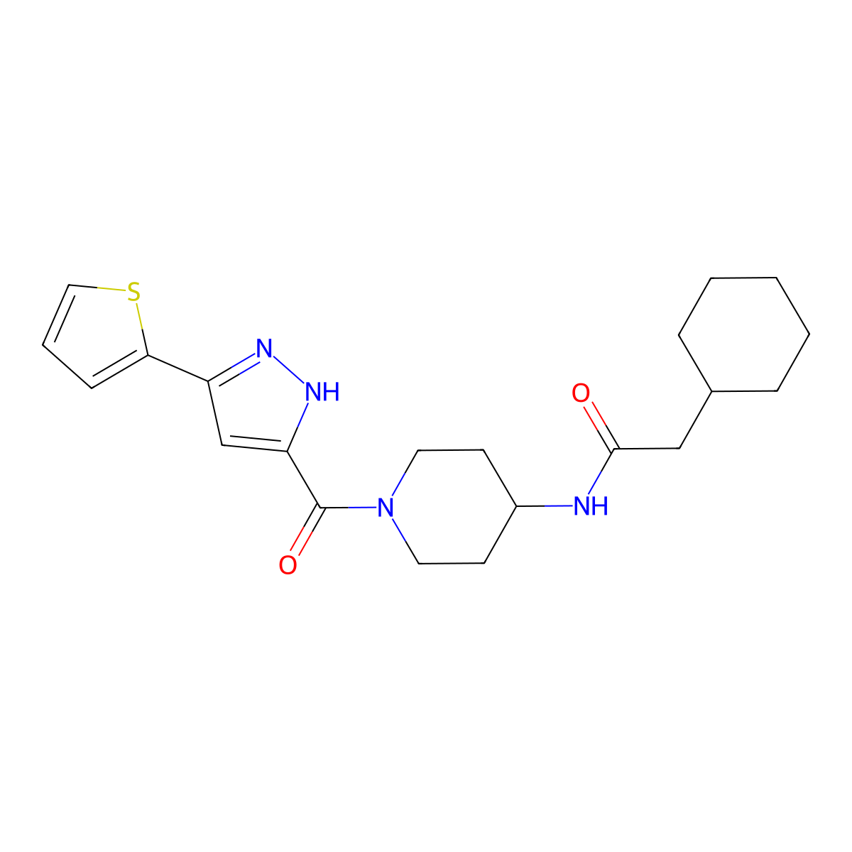 2-cyclohexyl-N-(1-(3-(thiophen-2-yl)-1H-pyrazole-5-carbonyl)piperidin-4-yl)acetamide molecular structure, CAS 1324011-72-4