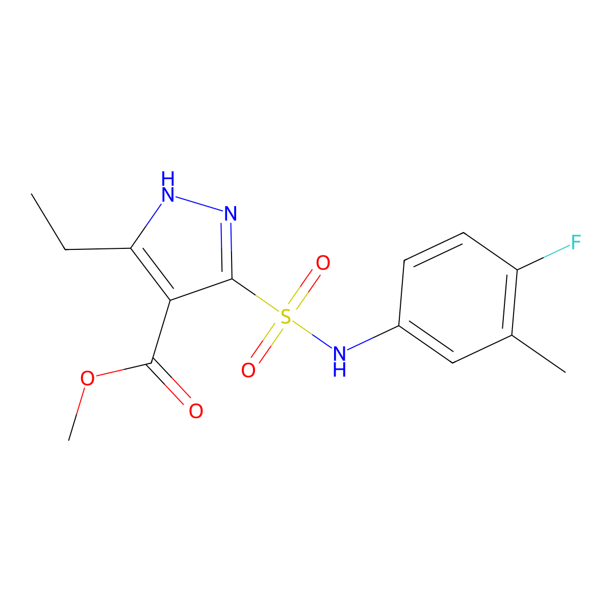methyl 3-ethyl-5-(N-(4-fluoro-3-methylphenyl)sulfamoyl)-1H-pyrazole-4-carboxylate molecular structure, CAS 1324012-37-4