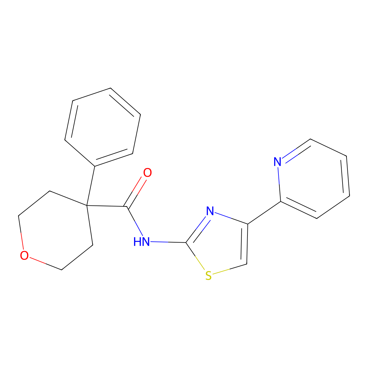 4-phenyl-N-(4-(pyridin-2-yl)thiazol-2-yl)tetrahydro-2H-pyran-4-carboxamide molecular structure, CAS 1324055-25-5