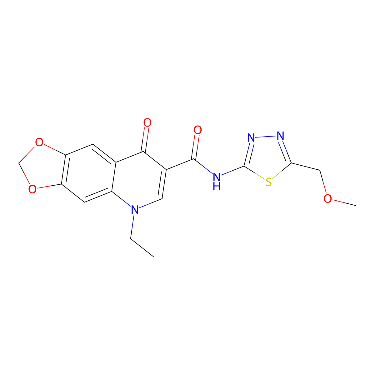 5-ethyl-N-[(2E)-5-(methoxymethyl)-1,3,4-thiadiazol-2(3H)-ylidene]-8-oxo-5,8-dihydro[1,3]dioxolo[4,5-g]quinoline-7-carboxamide molecular structure, CAS 1324055-86-8