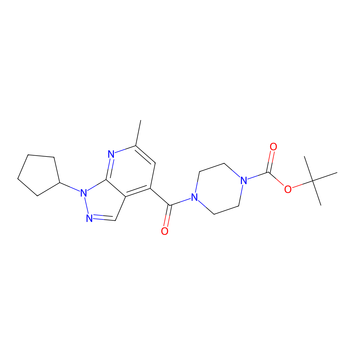 tert-butyl 4-[(1-cyclopentyl-6-methyl-1H-pyrazolo[3,4-b]pyridin-4-yl)carbonyl]piperazine-1-carboxylate molecular structure, CAS 1324055-94-8