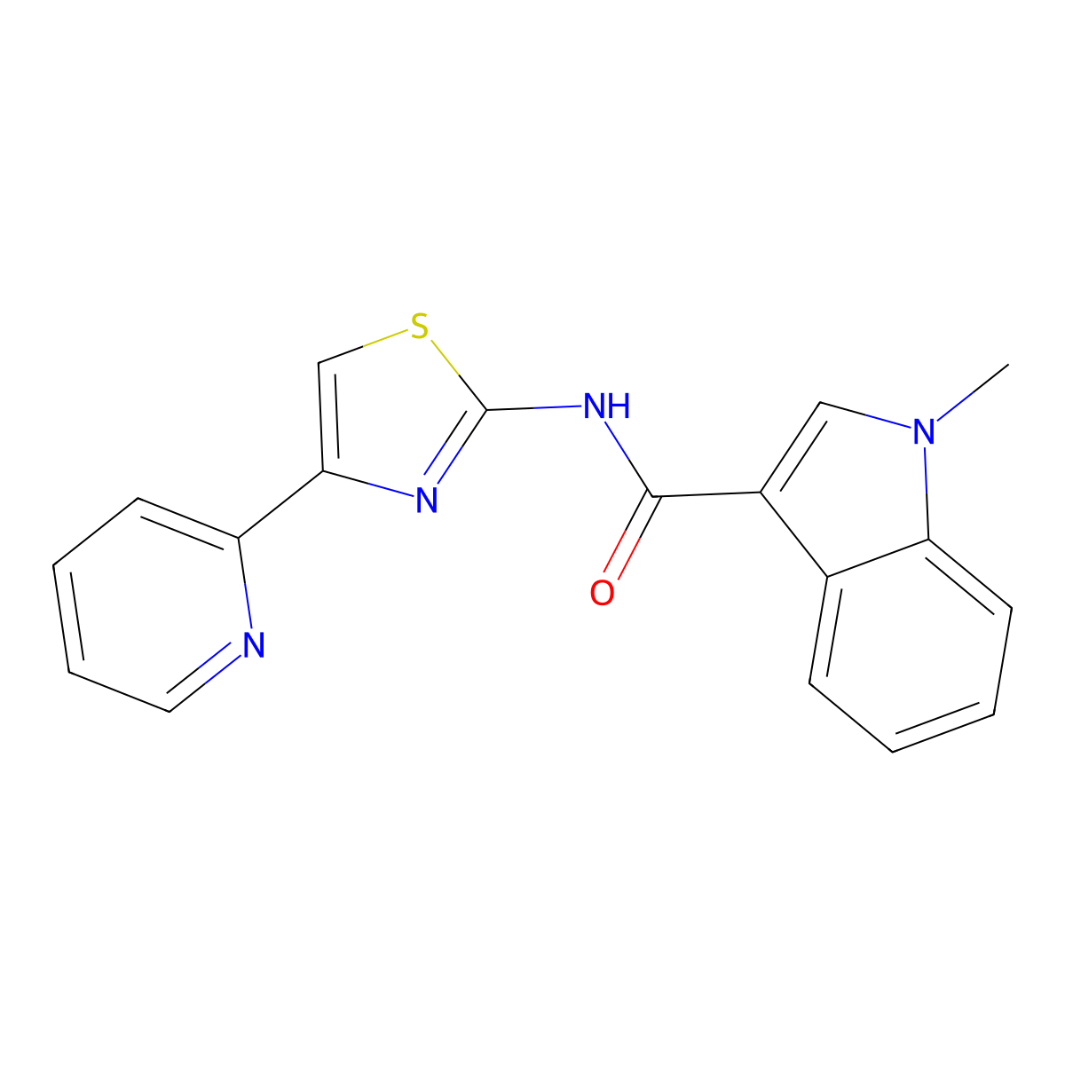 1-methyl-N-(4-(pyridin-2-yl)thiazol-2-yl)-1H-indole-3-carboxamide molecular structure, CAS 1324056-14-5