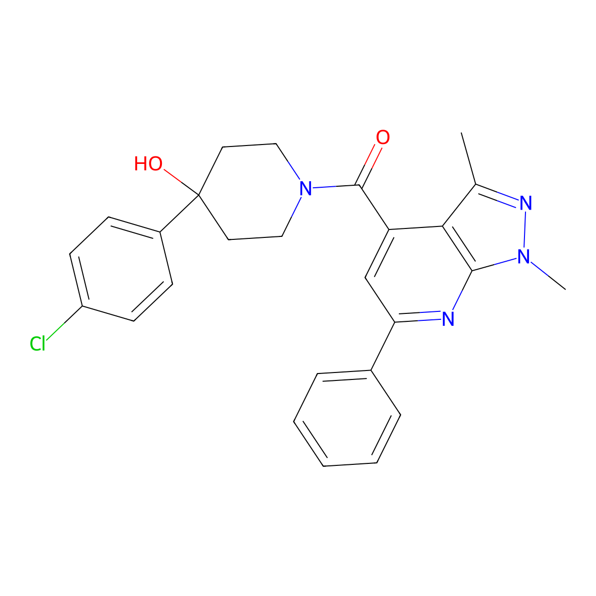 [4-(4-chlorophenyl)-4-hydroxypiperidin-1-yl](1,3-dimethyl-6-phenyl-1H-pyrazolo[3,4-b]pyridin-4-yl)methanone molecular structure, CAS 1324057-07-9