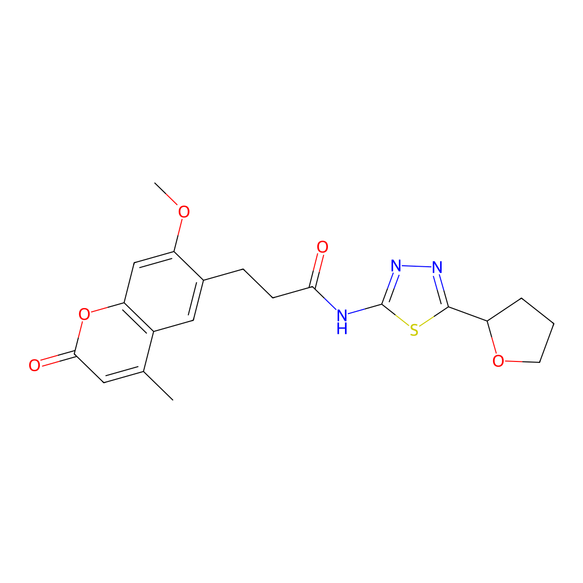 3-(7-methoxy-4-methyl-2-oxo-2H-chromen-6-yl)-N-(5-(tetrahydrofuran-2-yl)-1,3,4-thiadiazol-2-yl)propanamide molecular structure, CAS 1324057-37-5