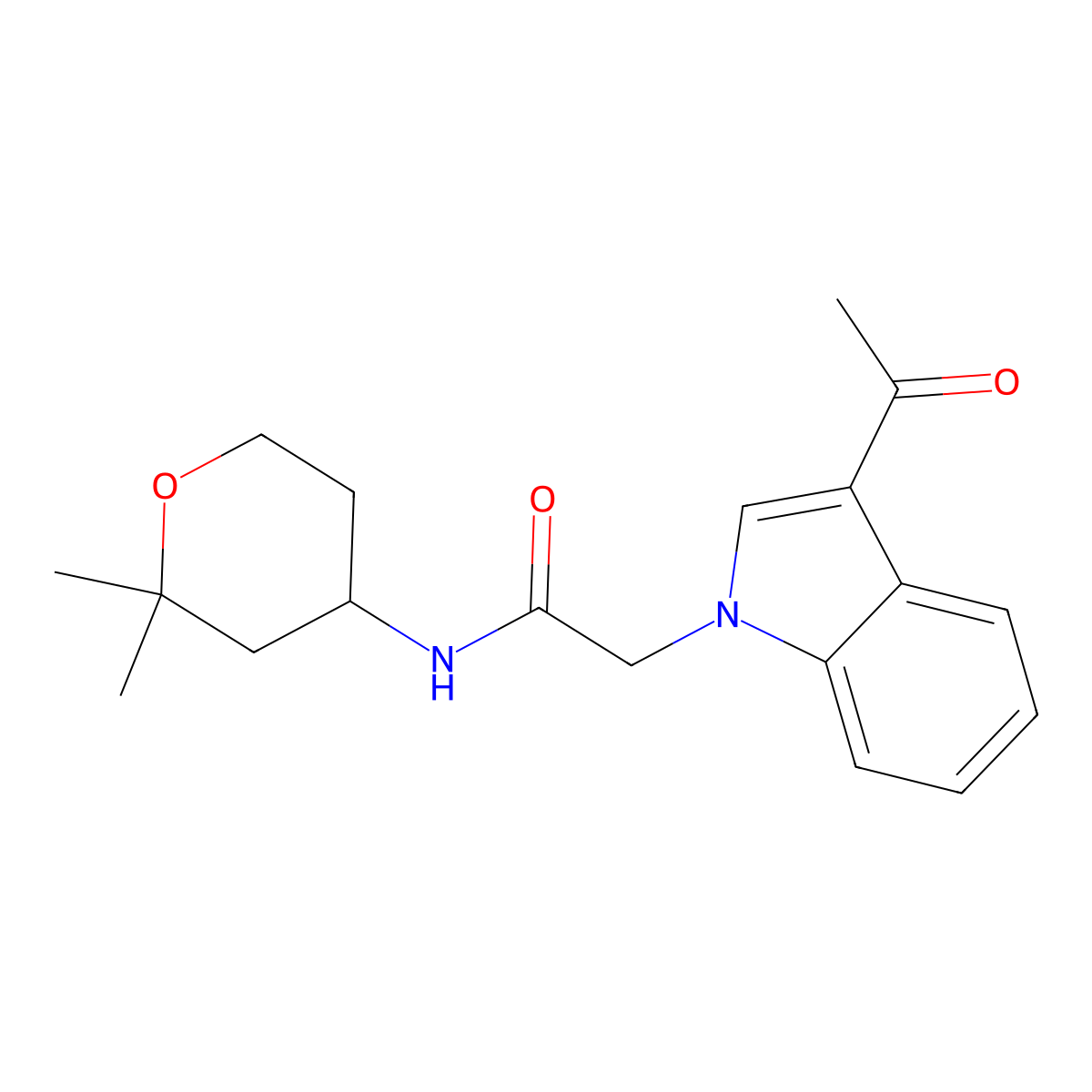 2-(3-acetyl-1H-indol-1-yl)-N-(2,2-dimethyltetrahydro-2H-pyran-4-yl)acetamide molecular structure, CAS 1324057-51-3