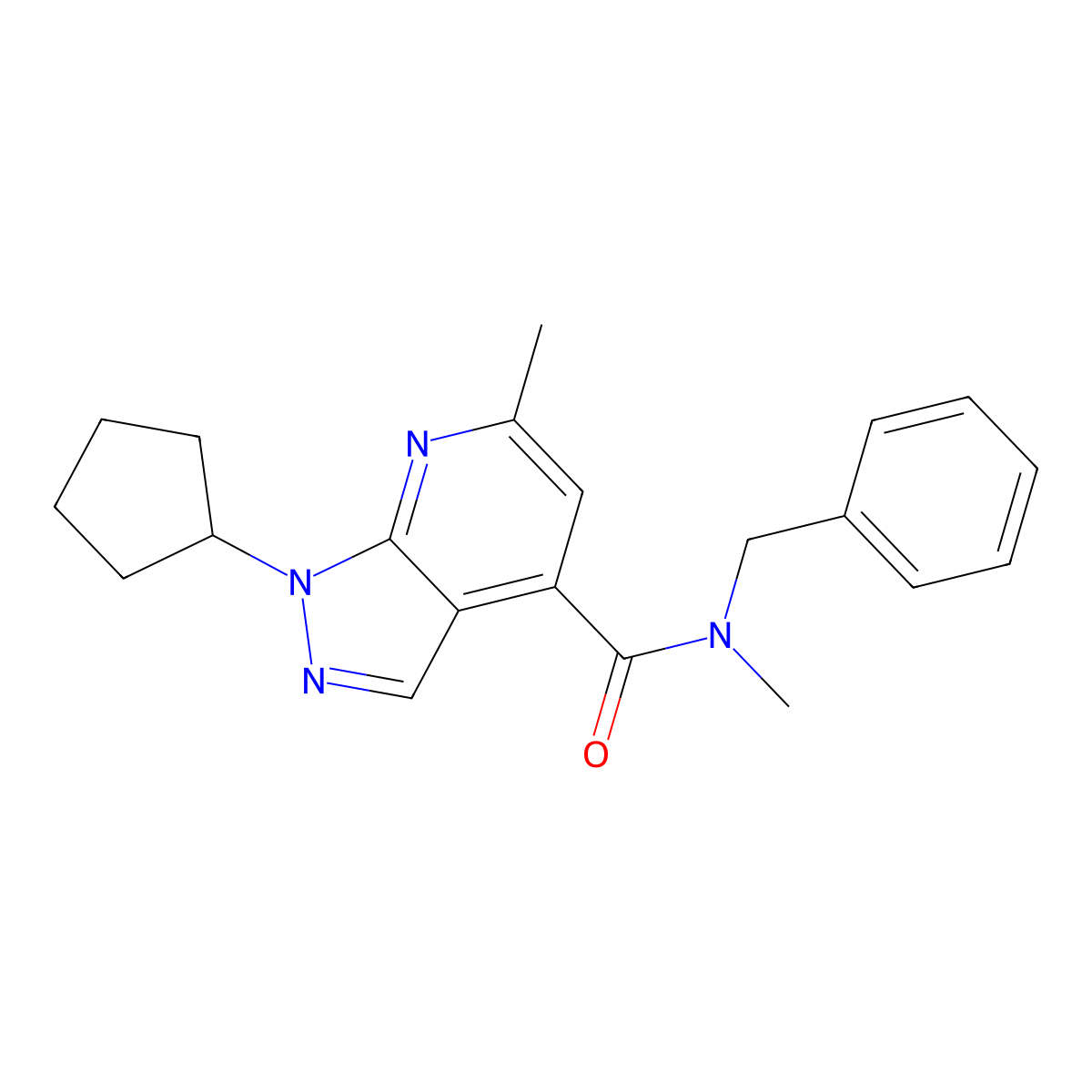 N-benzyl-1-cyclopentyl-N,6-dimethyl-1H-pyrazolo[3,4-b]pyridine-4-carboxamide molecular structure, CAS 1324057-86-4