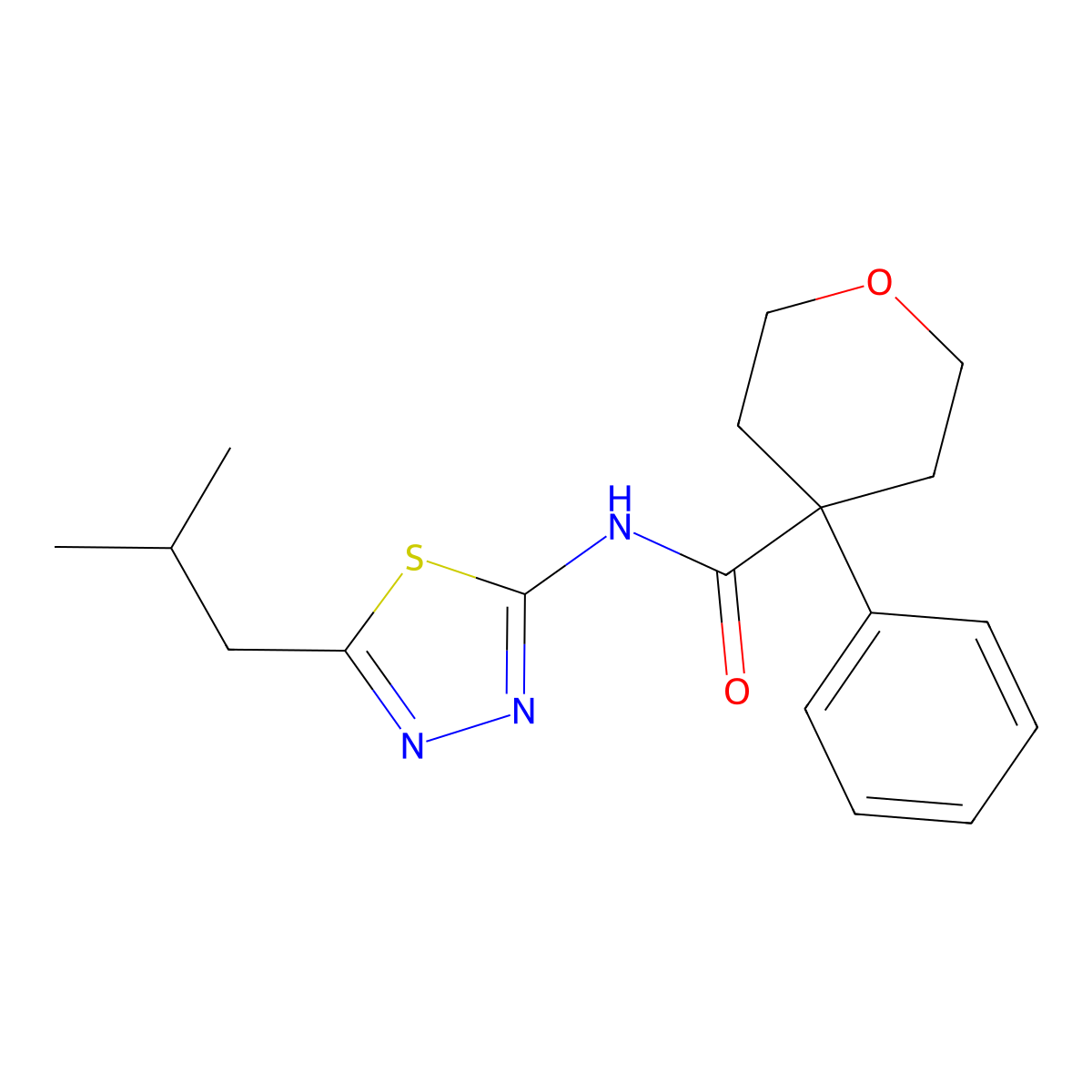 N-(5-isobutyl-1,3,4-thiadiazol-2-yl)-4-phenyltetrahydro-2H-pyran-4-carboxamide molecular structure, CAS 1324058-22-1