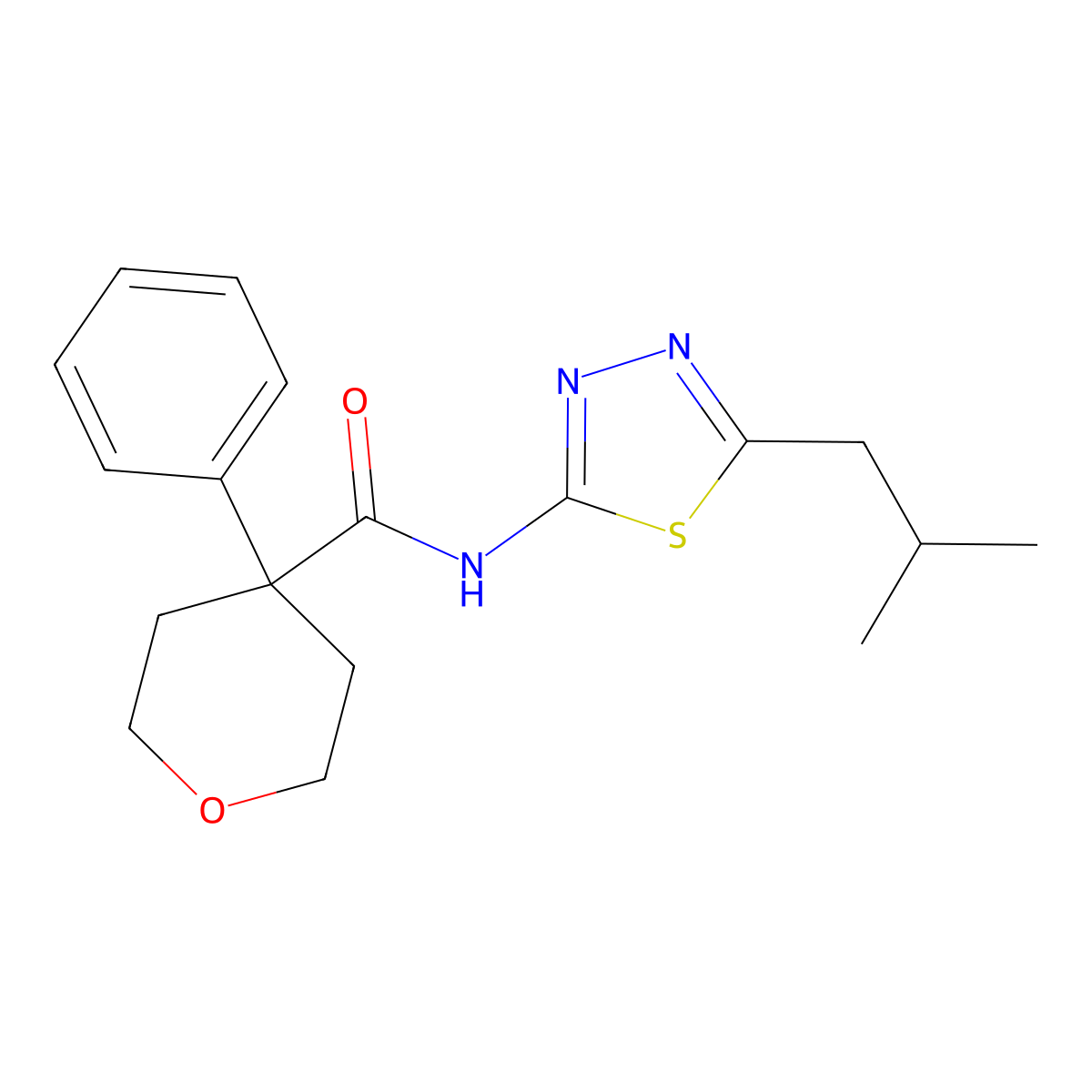 N-(5-isobutyl-1,3,4-thiadiazol-2-yl)-4-phenyltetrahydro-2H-pyran-4-carboxamide molecular structure, CAS 1324058-22-1