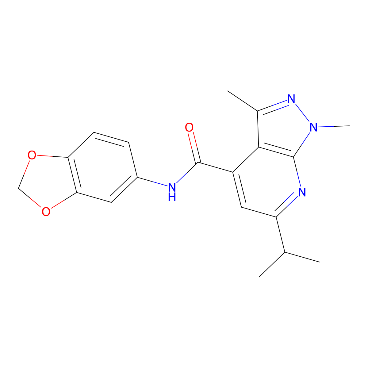 N-(1,3-benzodioxol-5-yl)-1,3-dimethyl-6-(propan-2-yl)-1H-pyrazolo[3,4-b]pyridine-4-carboxamide molecular structure, CAS 1324059-90-6