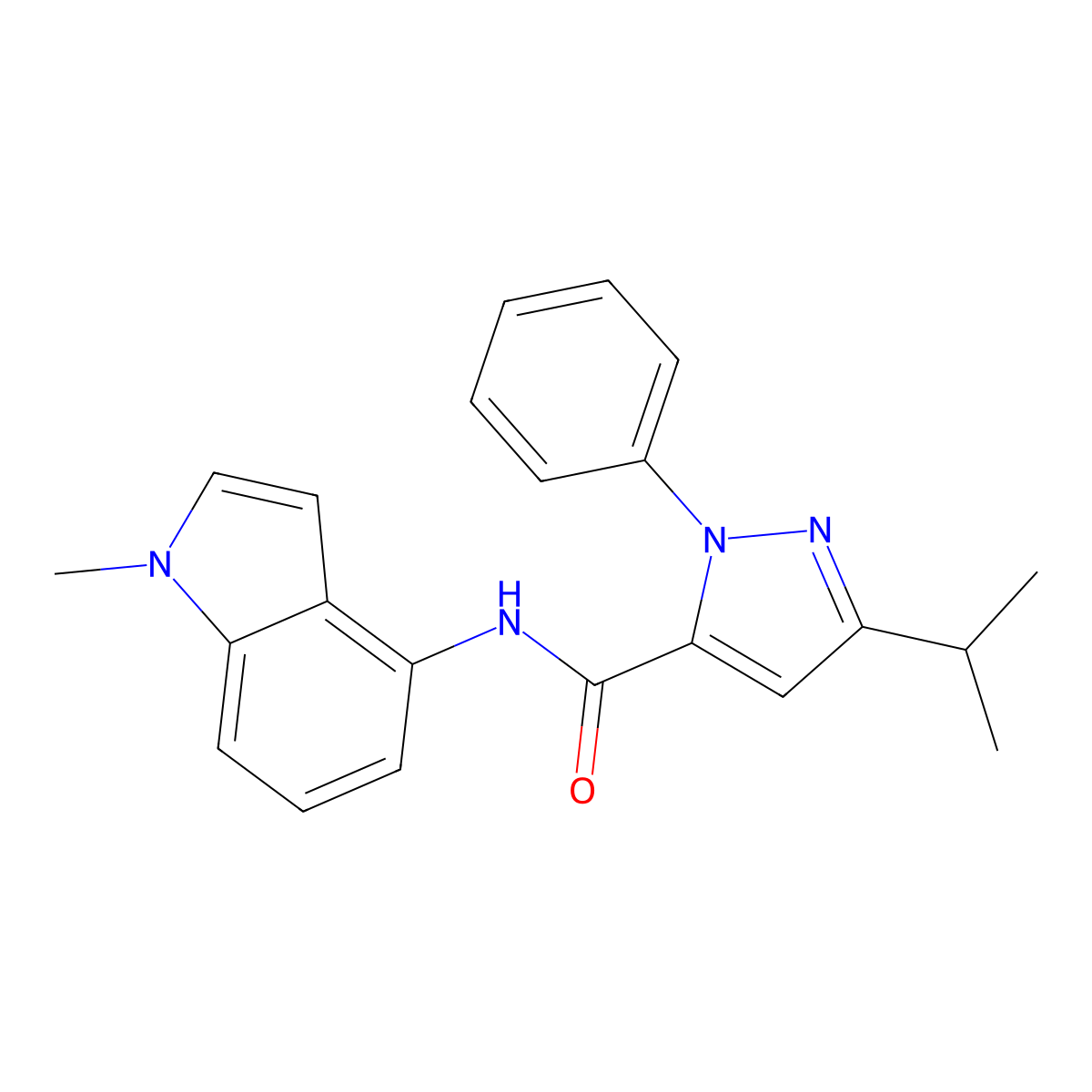 N-(1-methyl-1H-indol-4-yl)-1-phenyl-3-(propan-2-yl)-1H-pyrazole-5-carboxamide molecular structure, CAS 1324059-96-2