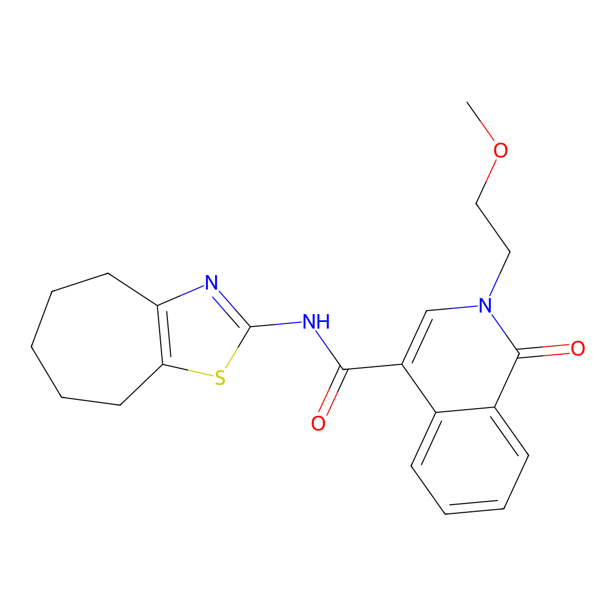 2-(2-methoxyethyl)-1-oxo-N-(5,6,7,8-tetrahydro-4H-cyclohepta[d][1,3]thiazol-2-yl)-1,2-dihydroisoquinoline-4-carboxamide molecular structure, CAS 1324060-85-6