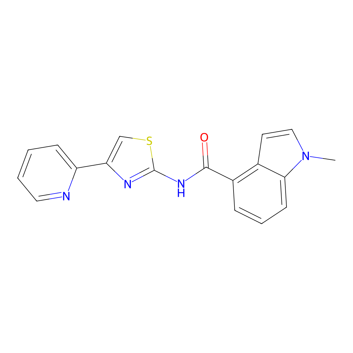 1-methyl-N-(4-(pyridin-2-yl)thiazol-2-yl)-1H-indole-4-carboxamide molecular structure, CAS 1324060-88-9
