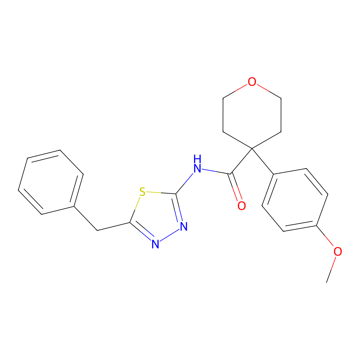 N-(5-benzyl-1,3,4-thiadiazol-2-yl)-4-(4-methoxyphenyl)tetrahydro-2H-pyran-4-carboxamide molecular structure, CAS 1324061-72-4