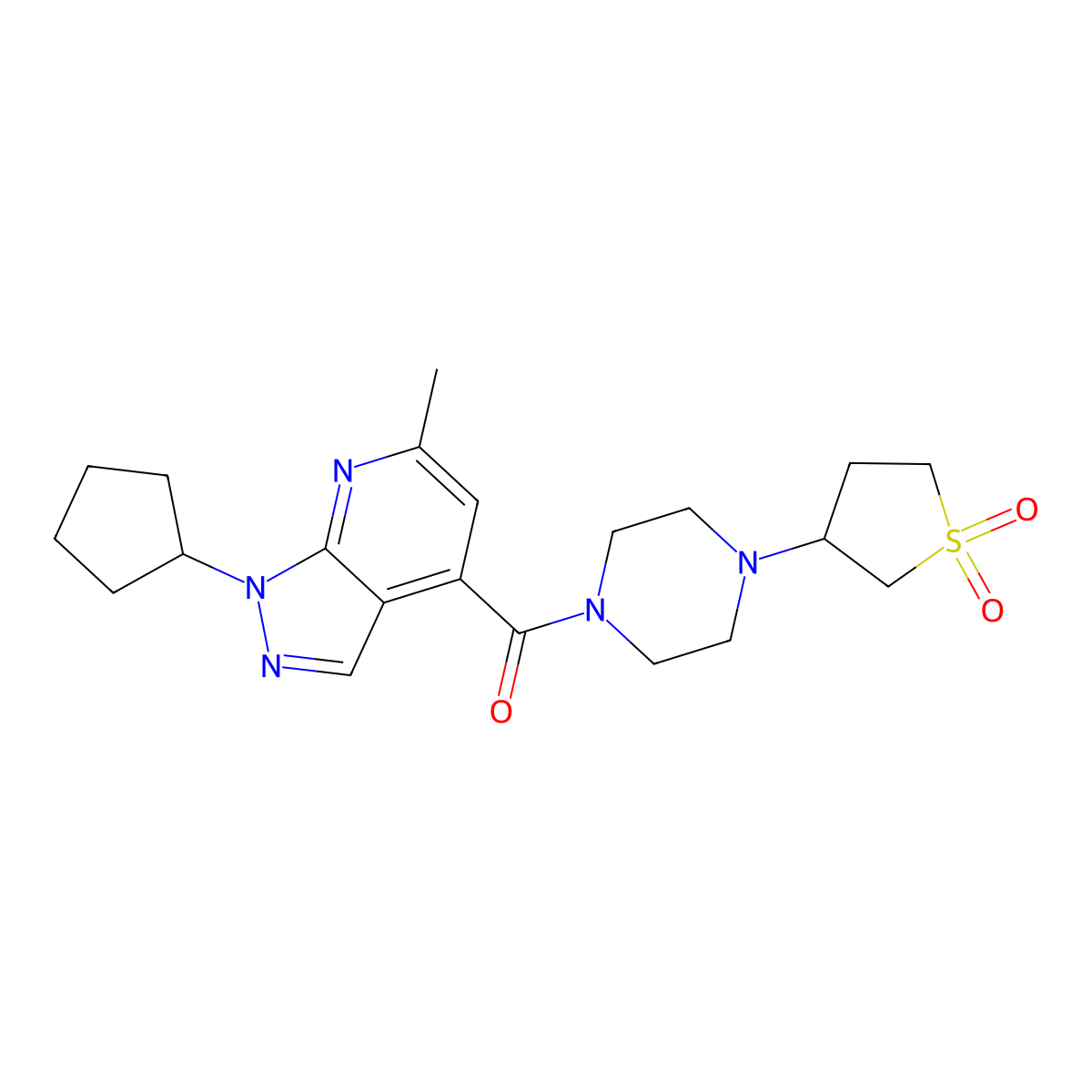 (1-cyclopentyl-6-methyl-1H-pyrazolo[3,4-b]pyridin-4-yl)(4-(1,1-dioxidotetrahydrothiophen-3-yl)piperazin-1-yl)methanone molecular structure, CAS 1324062-95-4