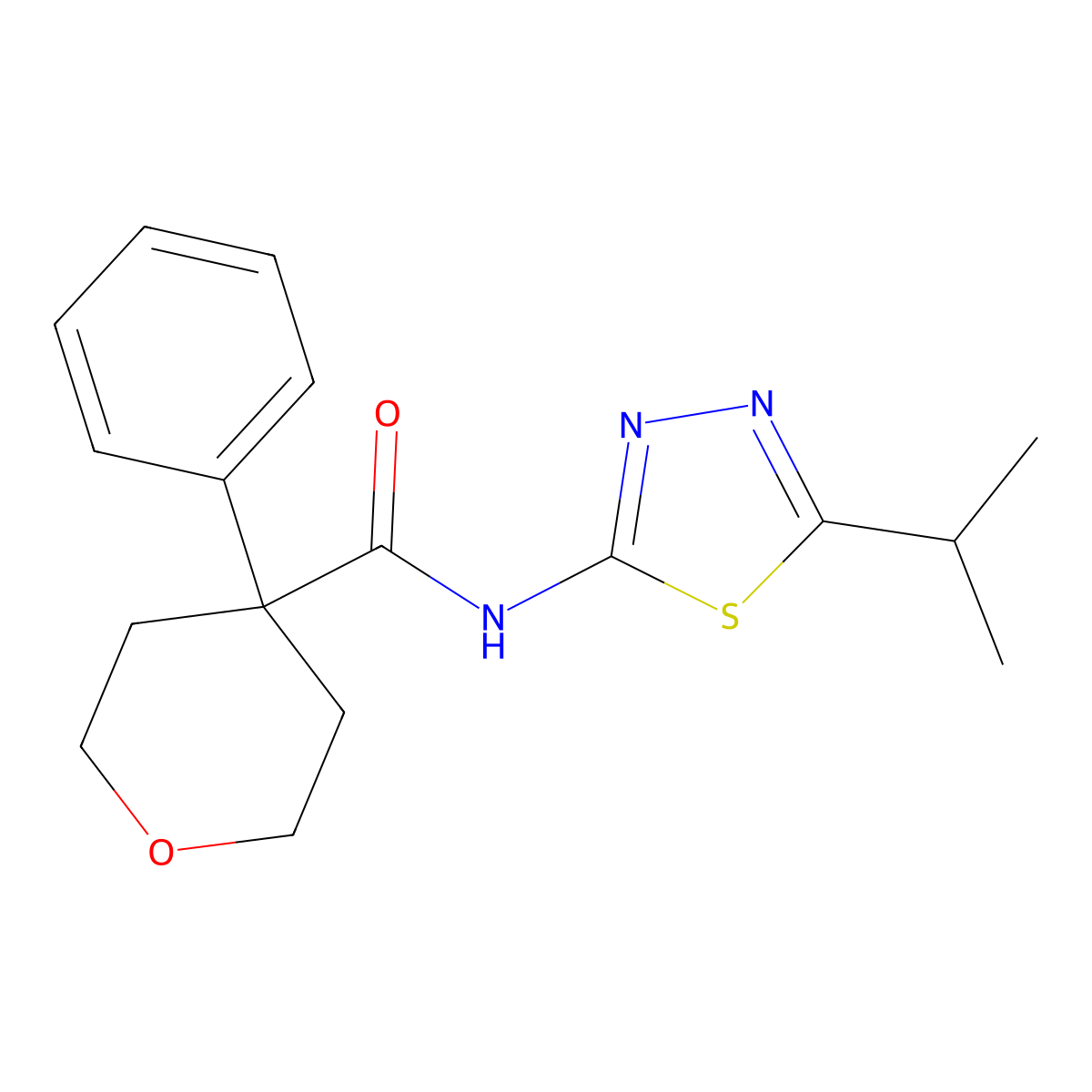N-(5-isopropyl-1,3,4-thiadiazol-2-yl)-4-phenyltetrahydro-2H-pyran-4-carboxamide molecular structure, CAS 1324063-90-2