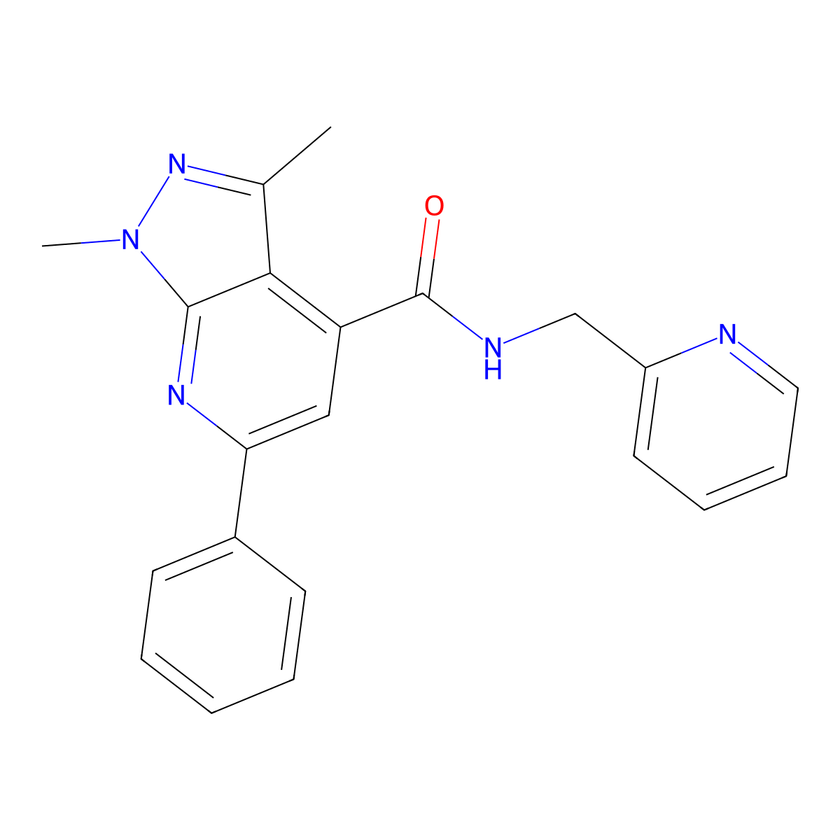 1,3-dimethyl-6-phenyl-N-(pyridin-2-ylmethyl)-1H-pyrazolo[3,4-b]pyridine-4-carboxamide molecular structure, CAS 1324064-15-4