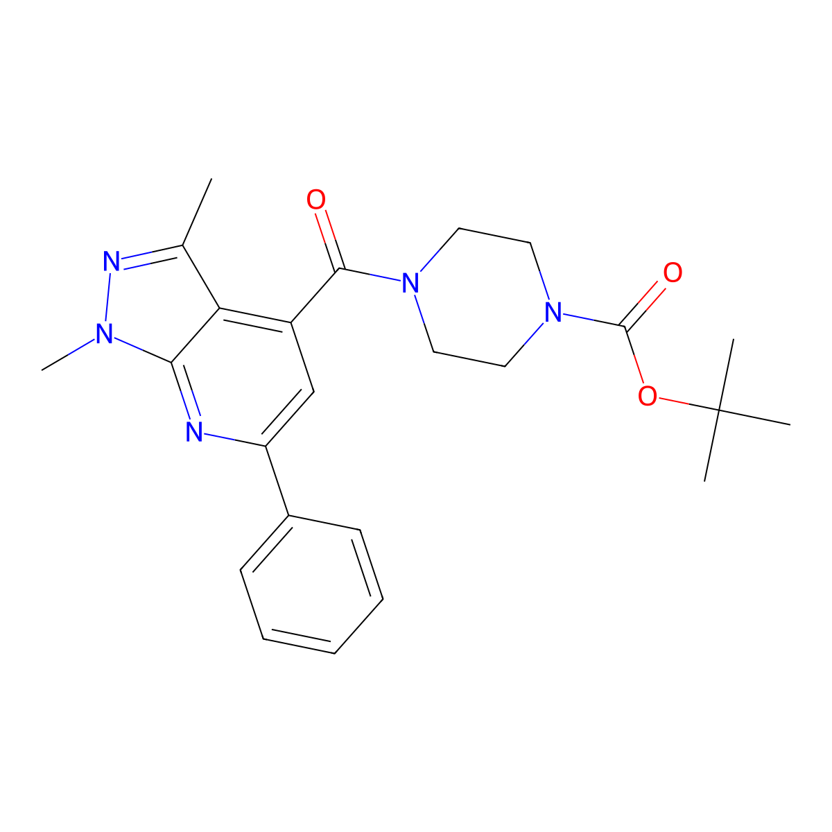 tert-butyl 4-[(1,3-dimethyl-6-phenyl-1H-pyrazolo[3,4-b]pyridin-4-yl)carbonyl]piperazine-1-carboxylate molecular structure, CAS 1324064-68-7