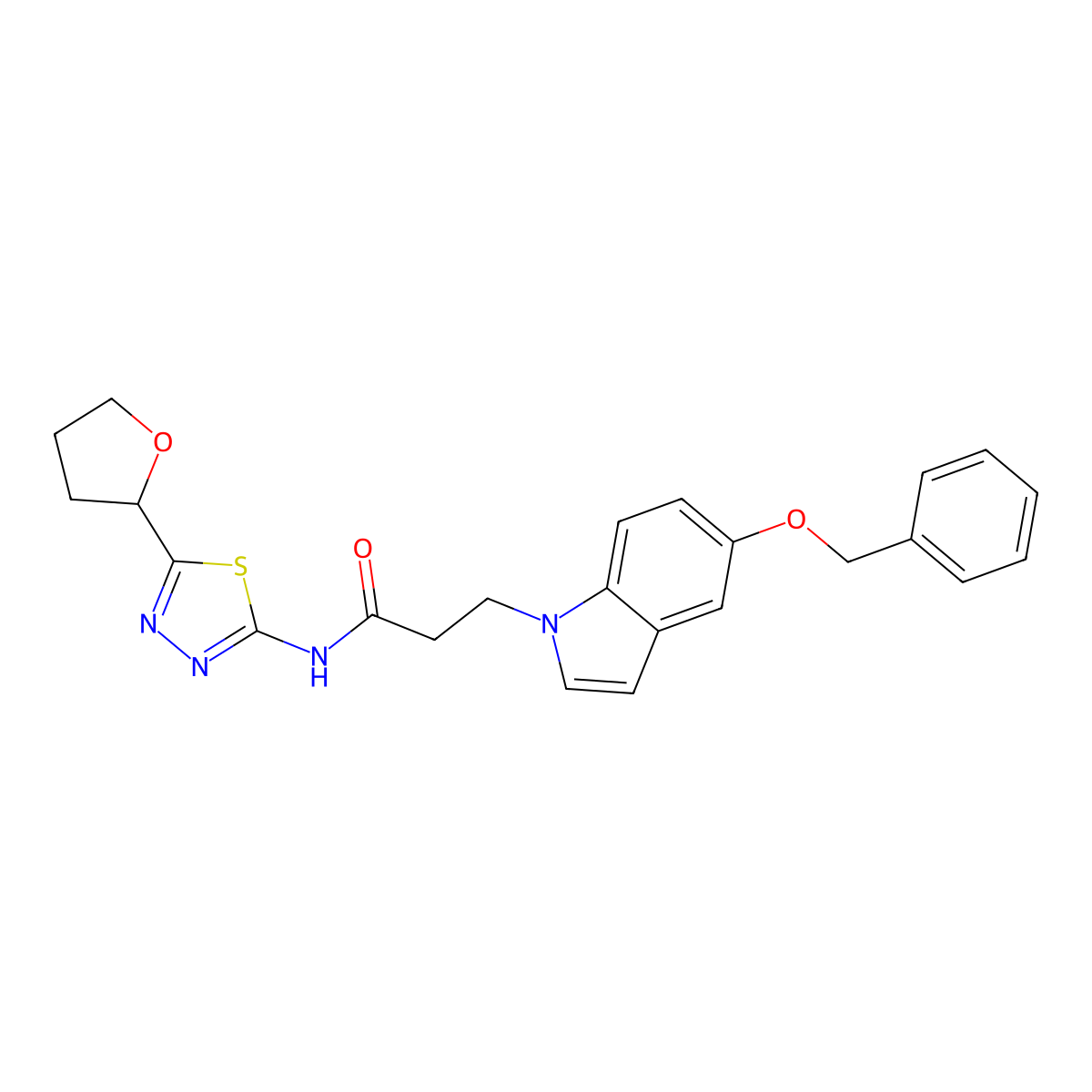 3-(5-(benzyloxy)-1H-indol-1-yl)-N-(5-(tetrahydrofuran-2-yl)-1,3,4-thiadiazol-2-yl)propanamide molecular structure, CAS 1324065-75-9