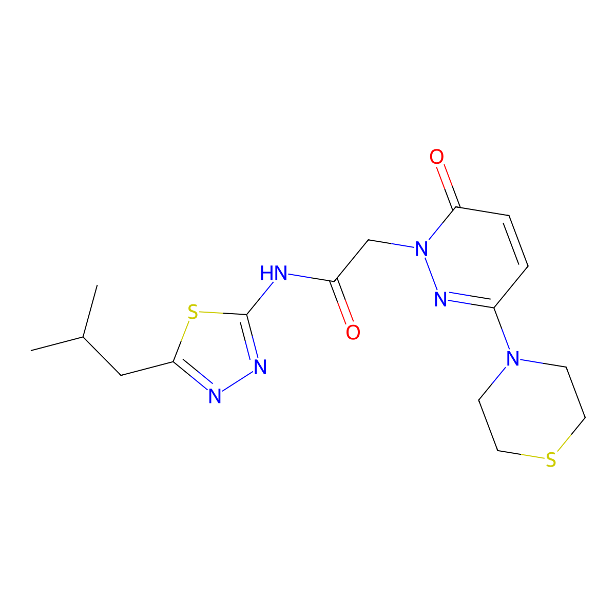 N-[5-(2-methylpropyl)-1,3,4-thiadiazol-2-yl]-2-[6-oxo-3-(thiomorpholin-4-yl)pyridazin-1(6H)-yl]acetamide molecular structure, CAS 1324065-97-5