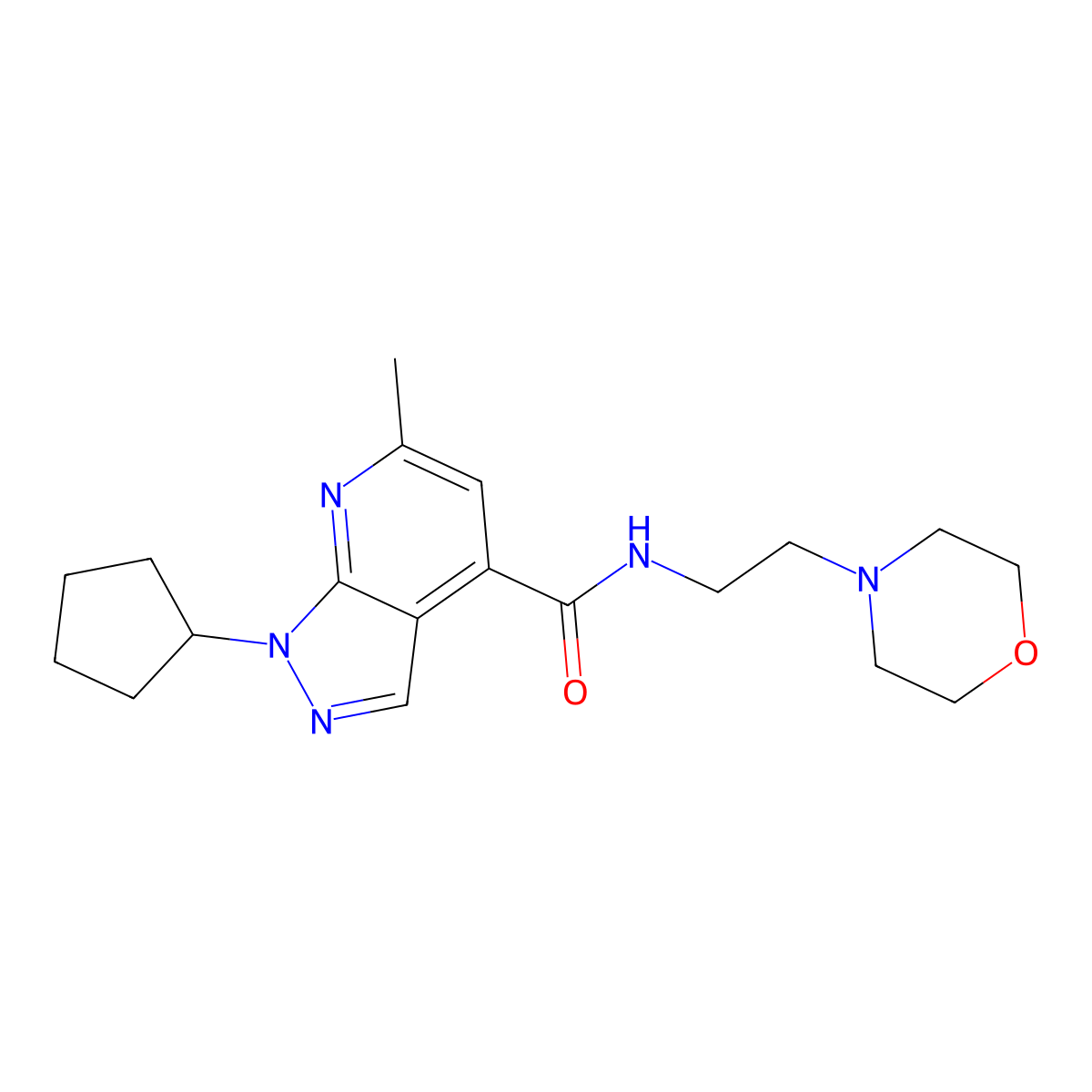 1-cyclopentyl-6-methyl-N-[2-(morpholin-4-yl)ethyl]-1H-pyrazolo[3,4-b]pyridine-4-carboxamide molecular structure, CAS 1324065-99-7