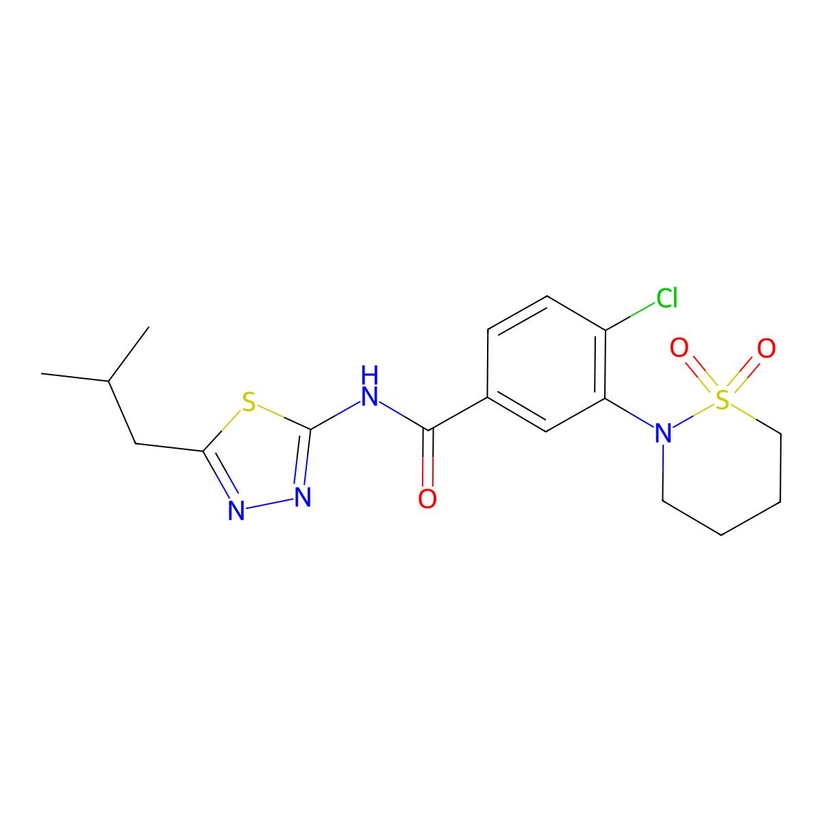 4-chloro-3-(1,1-dioxido-1,2-thiazinan-2-yl)-N-[(2E)-5-(2-methylpropyl)-1,3,4-thiadiazol-2(3H)-ylidene]benzamide molecular structure, CAS 1324067-38-0